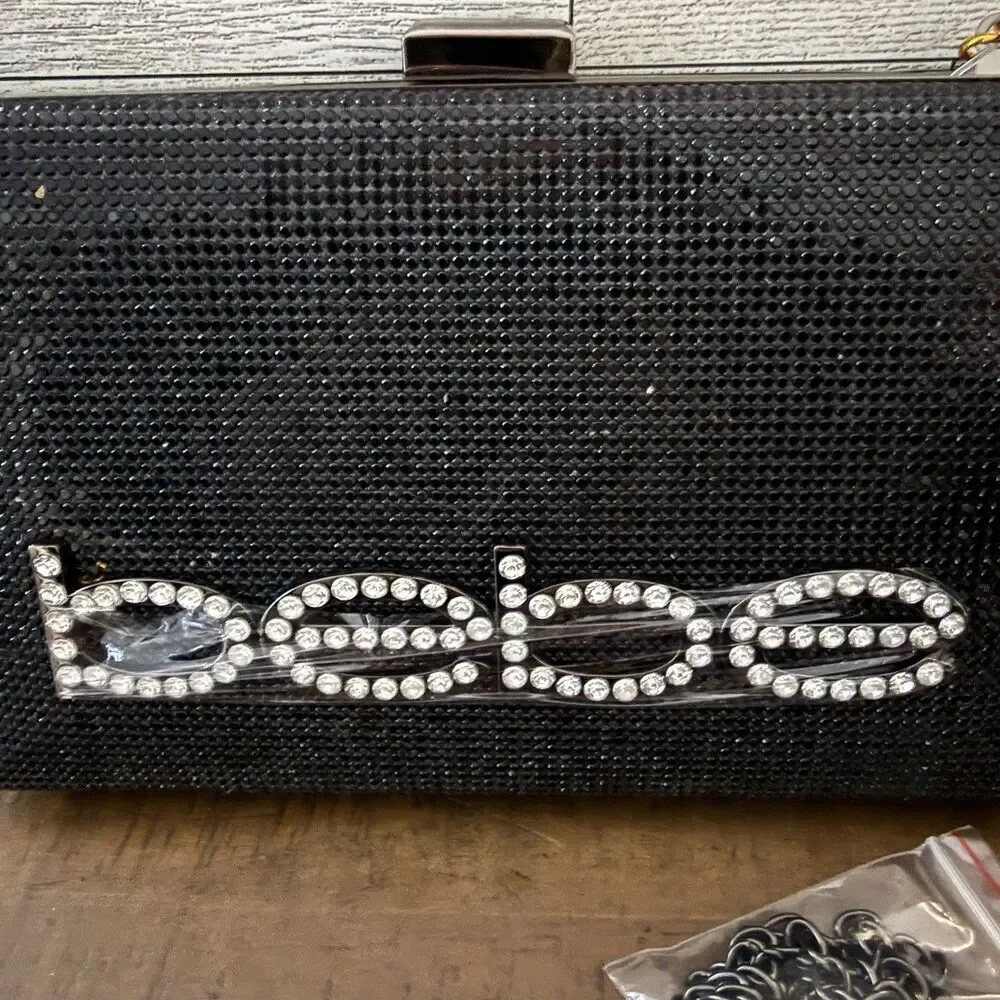 bebe Zaza Black Crystal Clutch Evening Bag NWT Rhinestone Logo Sparkly